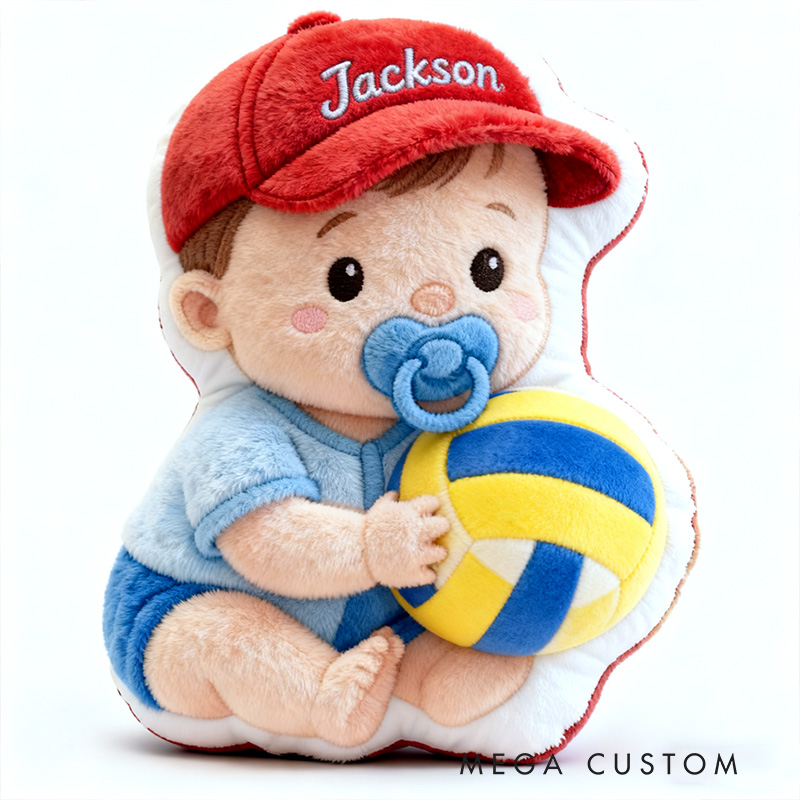 Personalized Baby Boy Name Custom Kids Gift Cute Red Hat Balls Blue Outfit Soft Playful Decorative Graphic 3D Print Pillow