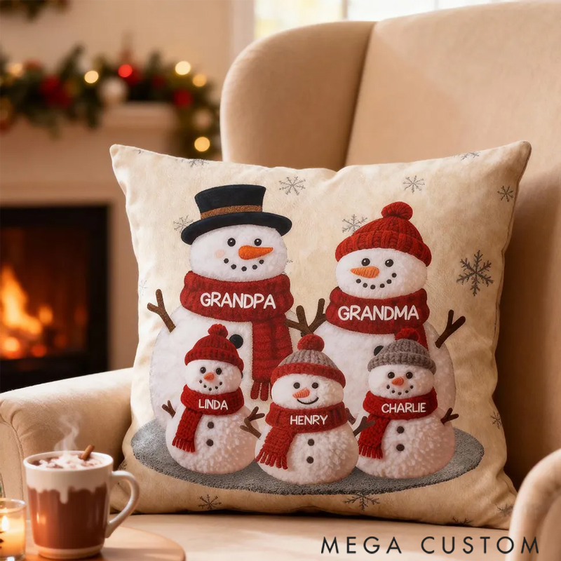 Personalized Pillow 3D Effect Christmas Grandma Grandkids Snowman Together Holiday Festival Gift for Family