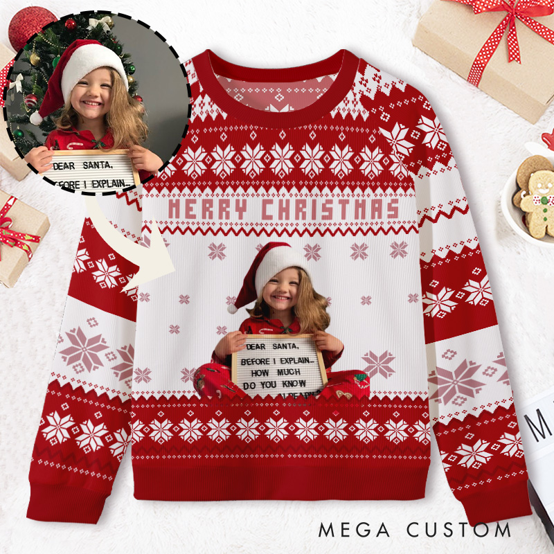 Personalized Merry Christmas Snowflake Pattern with Custom Photo Festive Red and White Cheer Ugly Sweater Shirt