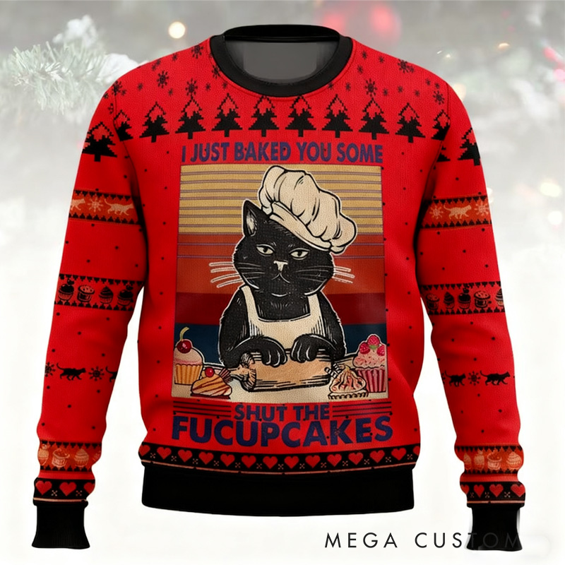 Personalized Shut the Fucupcakes Christmas Sweater Christmas Ugly Sweater for Men and Women Baking Cat Lover Christmas Gift