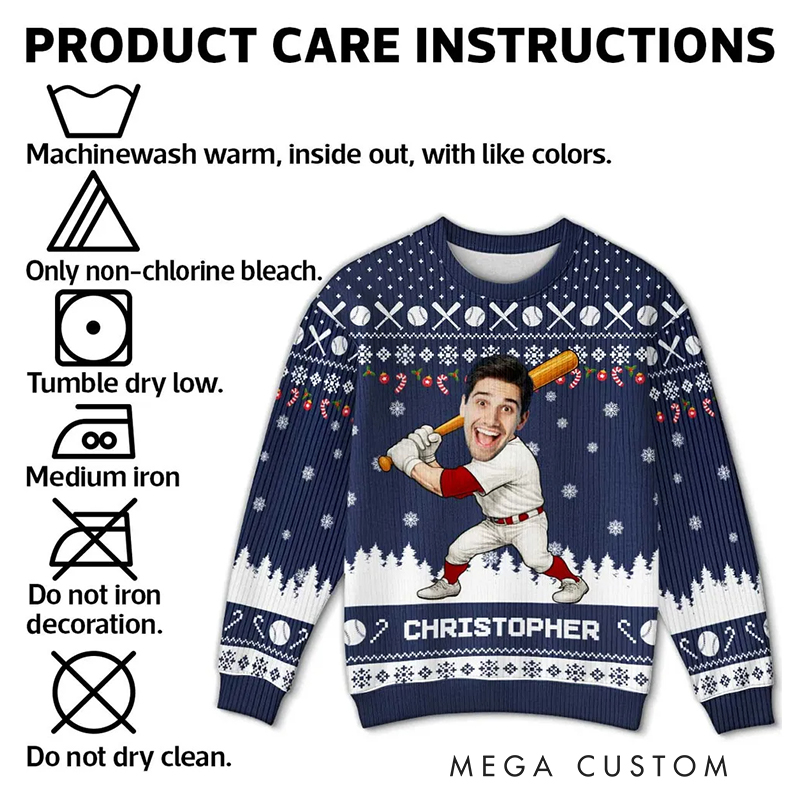 Personalized Baseball Christmas Ugly Sweatshirt with Custom Face and Name