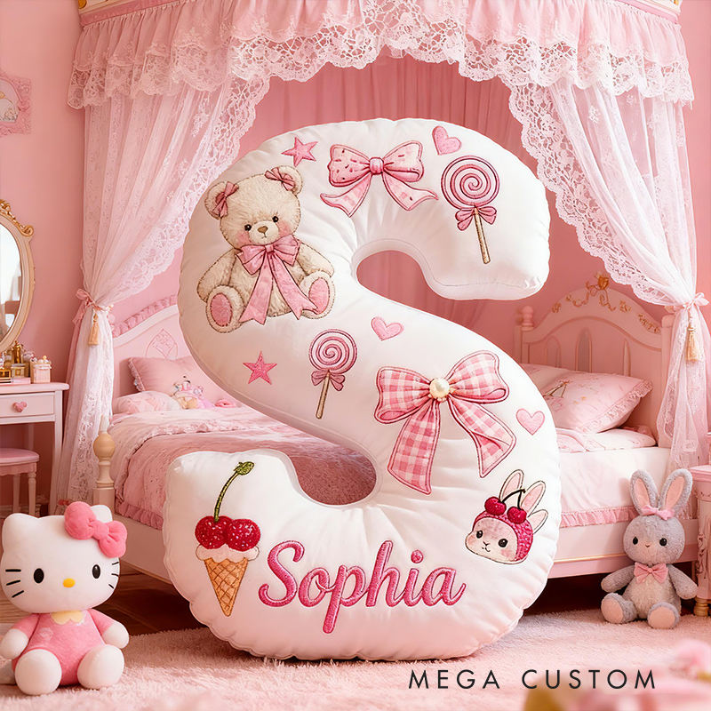 Personalized Teddy Bear Bow Candy Cherry Custom Name Soft Decorative Gift Sweet Princess Style Cozy Nursery Room Dream Pink Cute Graphic 3D Print Pillow