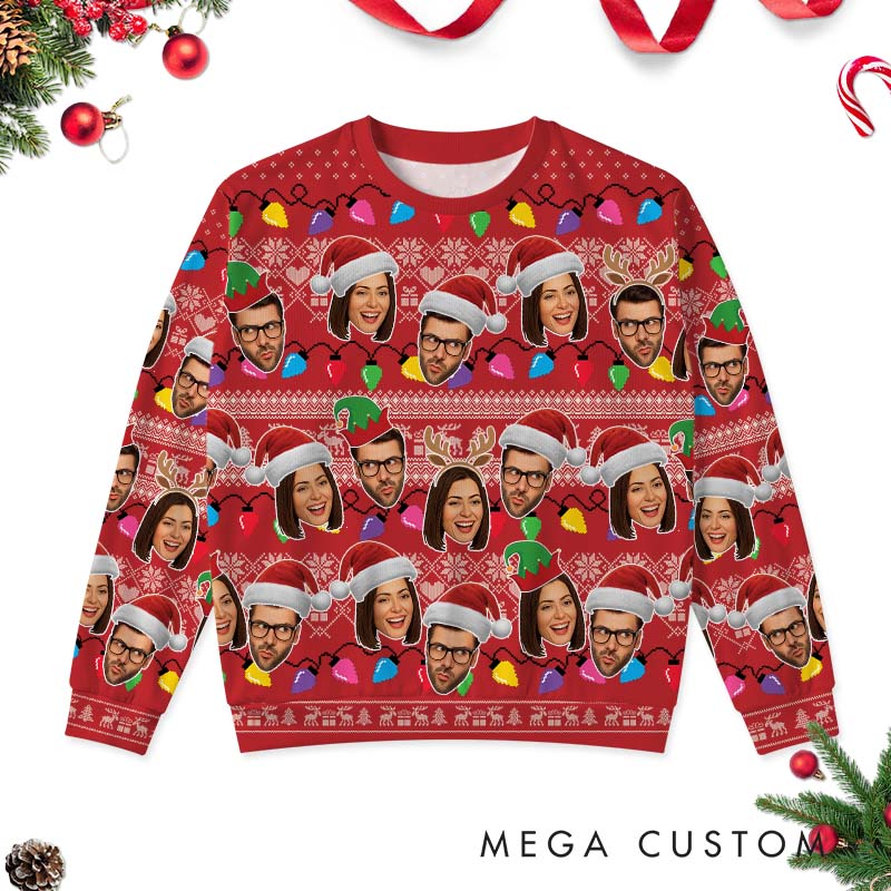 Personalized Couple Photo Christmas Ugly Sweater Custom Couple Face Xmas Light Matching Crewneck Sweatshirt Christmas Gift for Husband Wife