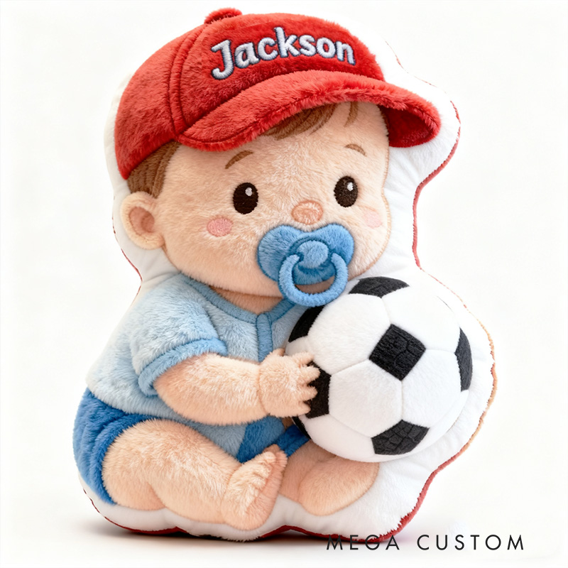 Personalized Baby Boy Name Custom Kids Gift Cute Red Hat Balls Blue Outfit Soft Playful Decorative Graphic 3D Print Pillow