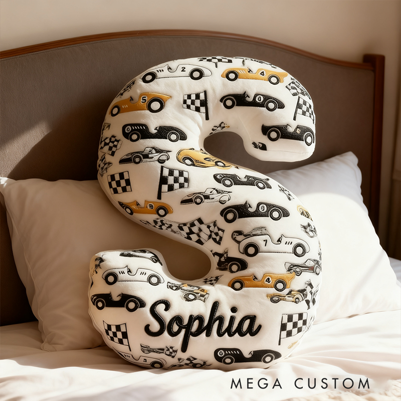 Personalized Racing Letter Pillow Custom Name and Initial Graphic Print Alphabet Cushion Graphic 3D Print Gift for Car Lovers