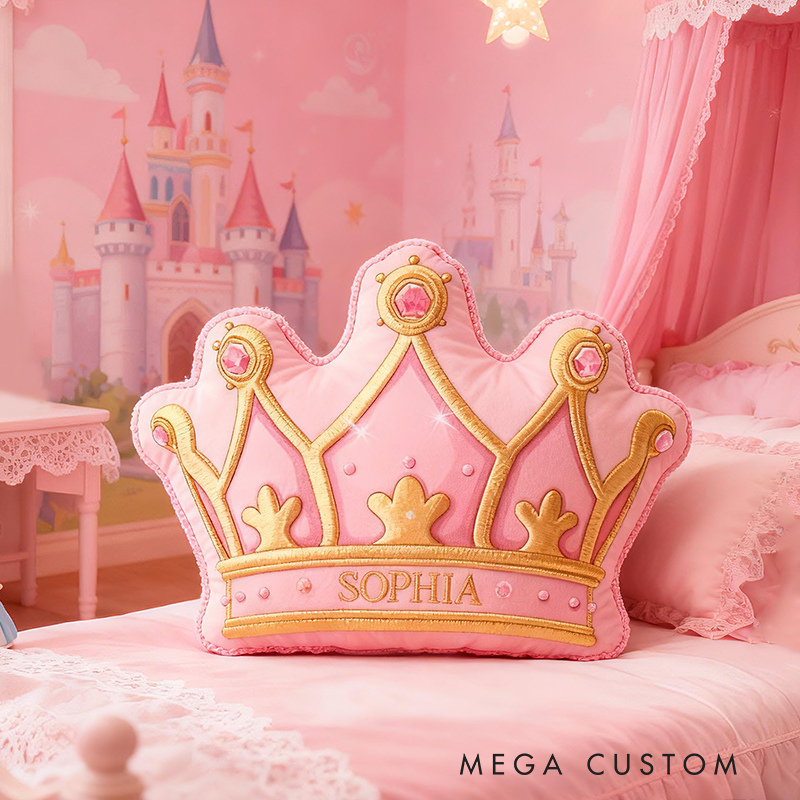 Personalized Pink Crown Shape Custom Name Soft Decorative Gift Royal Princess Style Cozy Girls Room Fairytale Castle Graphic 3D Print Pillow