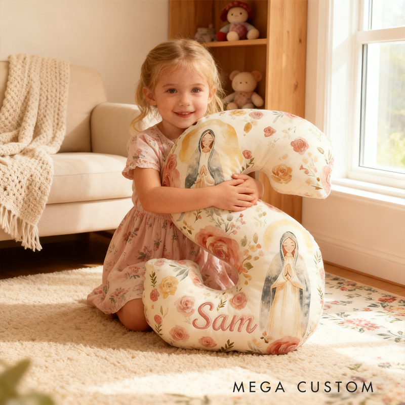 Personalized Virgin Mary Letter Pillow with Custom Name Home Decor Christian Thanksgiving Pillow Retro Fall Faith Gift for Family