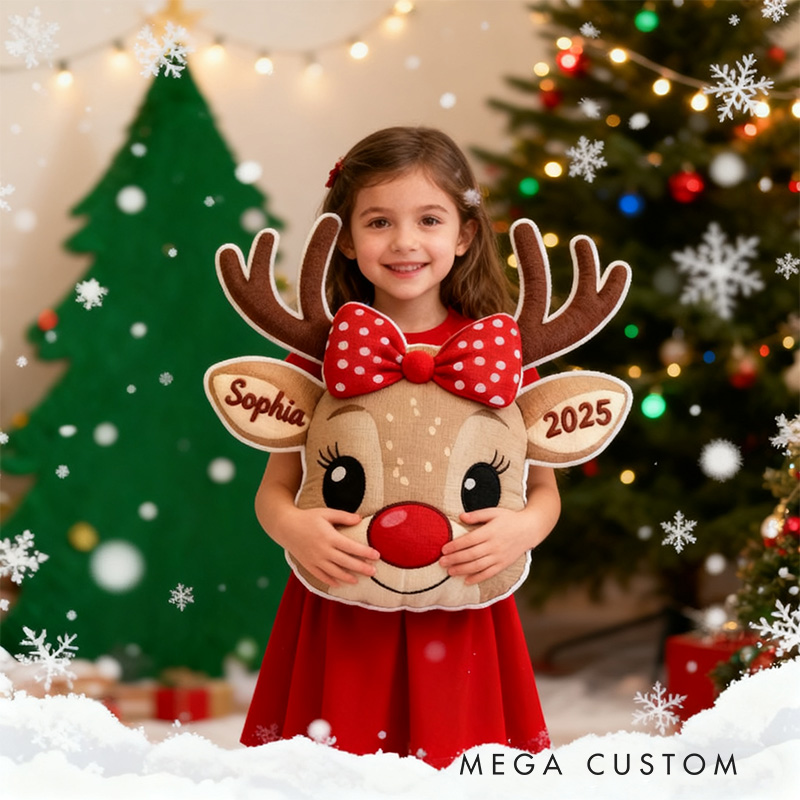 Personalized Cute Reindeer Face with Red Bow Custom Name and Year Soft Holiday Decoration Cozy Christmas Gift Plush  Graphic 3D Print Pillow