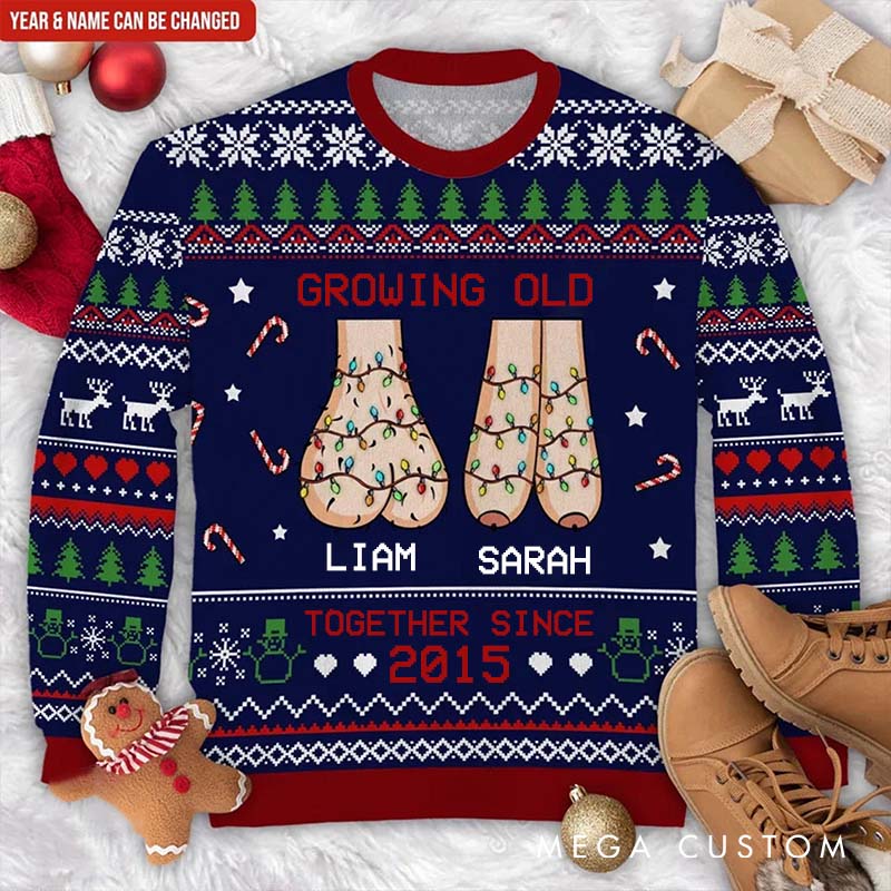 Personalized Growing Old Together Ugly Sweater Custom Funny Old Couple Christmas Sweater Wedding Anniversary Gift for Husband Wife Xmas Keepsake Sweater