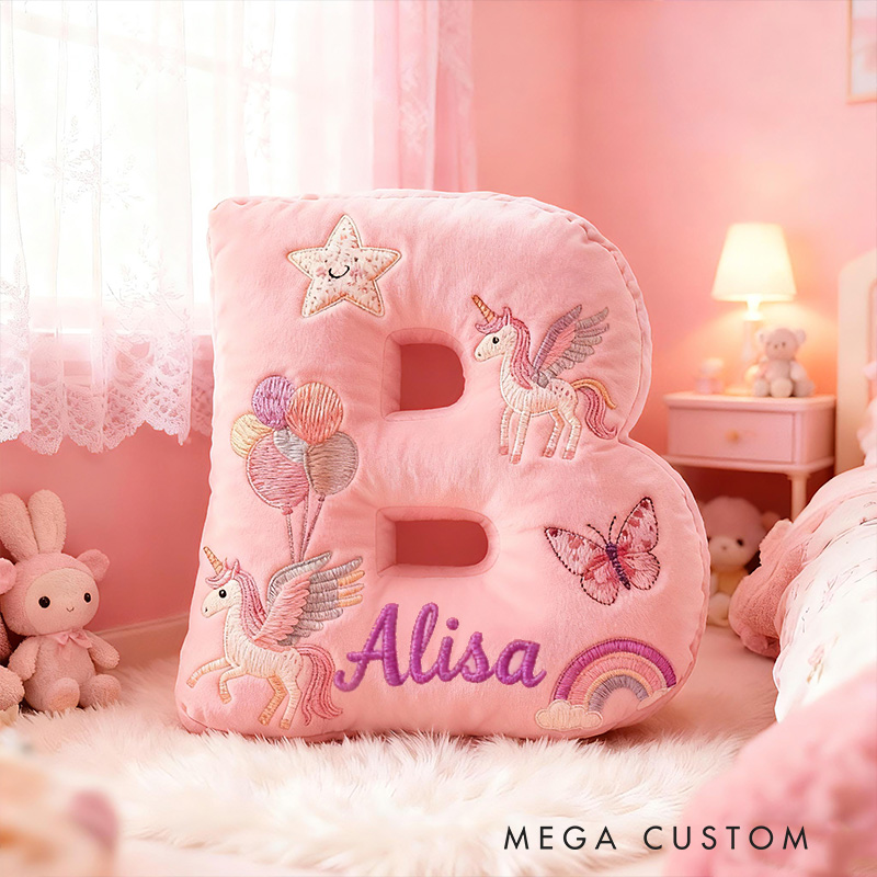 Personalized Pink Rainbow Letter Initial Custom Name Soft Decorative Gift Magical Girls Room Cozy Alphabet Shape  Graphic 3D Print Pillow