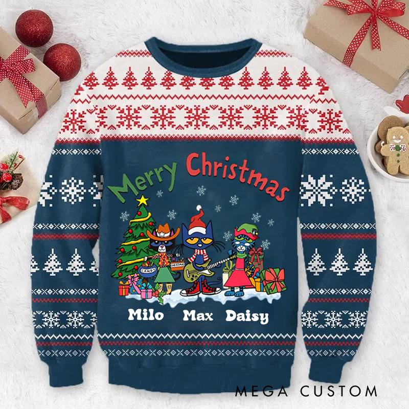 Personalized Ugly Sweater Merry christmas Cat Music Christmas Sweater Song Fan Family Sweater