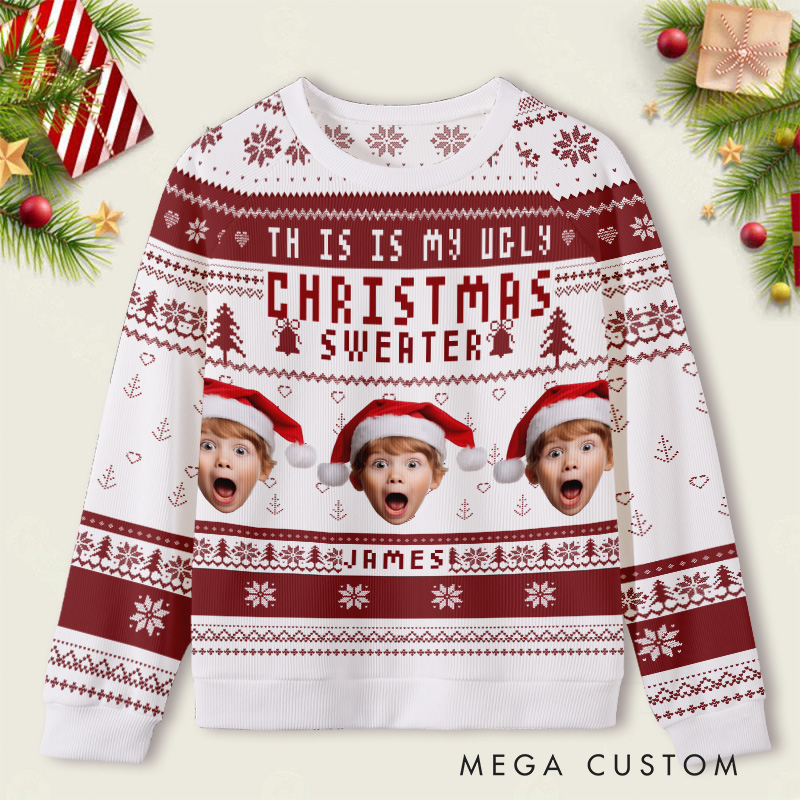 Personalized Festive Red and White Photo Frame Kids Ugly Christmas Sweater