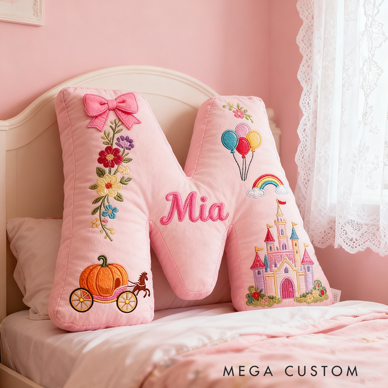 Personalized Pink Letter Christmas Gift Pillow with Castle Pumpkin Carriage Rainbow for a Fairytale Inspired Design Graphic 3D Print Pillow