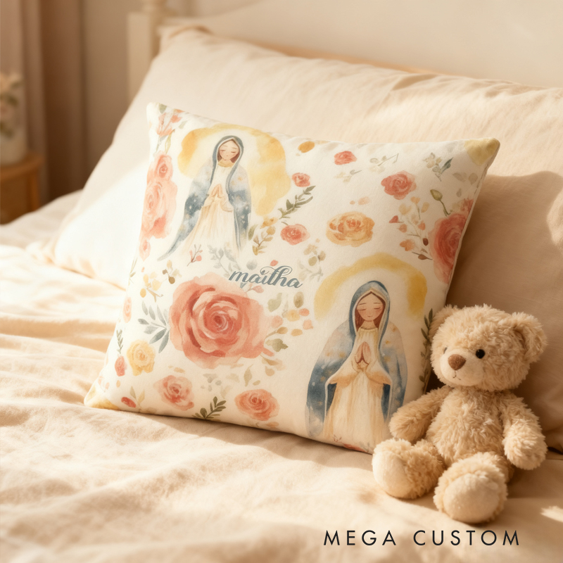 Personalized Vergin Mary Pillow Throw Pillow Cover with Name Home Decor Christian Gift for Family Gift for Jesus Lover