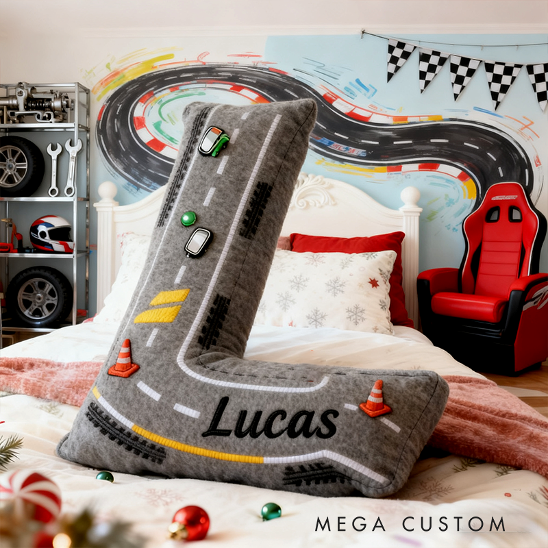 Personalized Racing Style Letter Pillow Custom Initial and Name Road Track Shaped Cushion for Car Lovers and Motorsport Fans