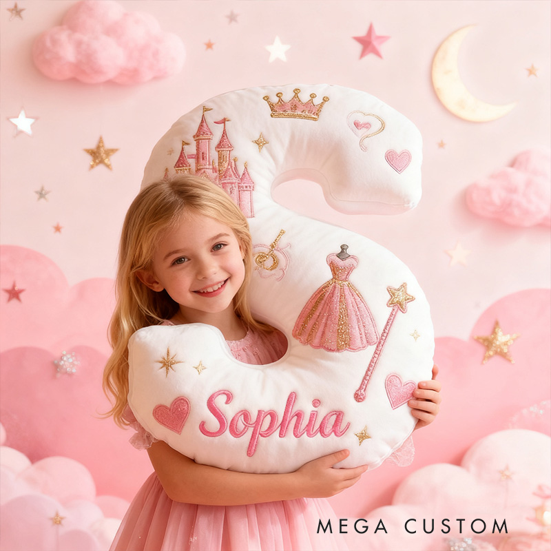 Personalized Princess Letter Name Custom Kids Gift Pink Castle Crown Dress Magic Fairytale Soft Decorative Graphic 3D Print Pillow