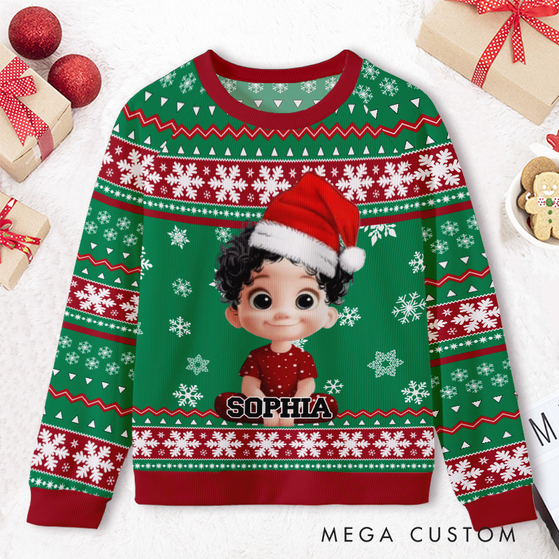 Personalized Green Santa Sweater Kids Ugly Christmas Sweater