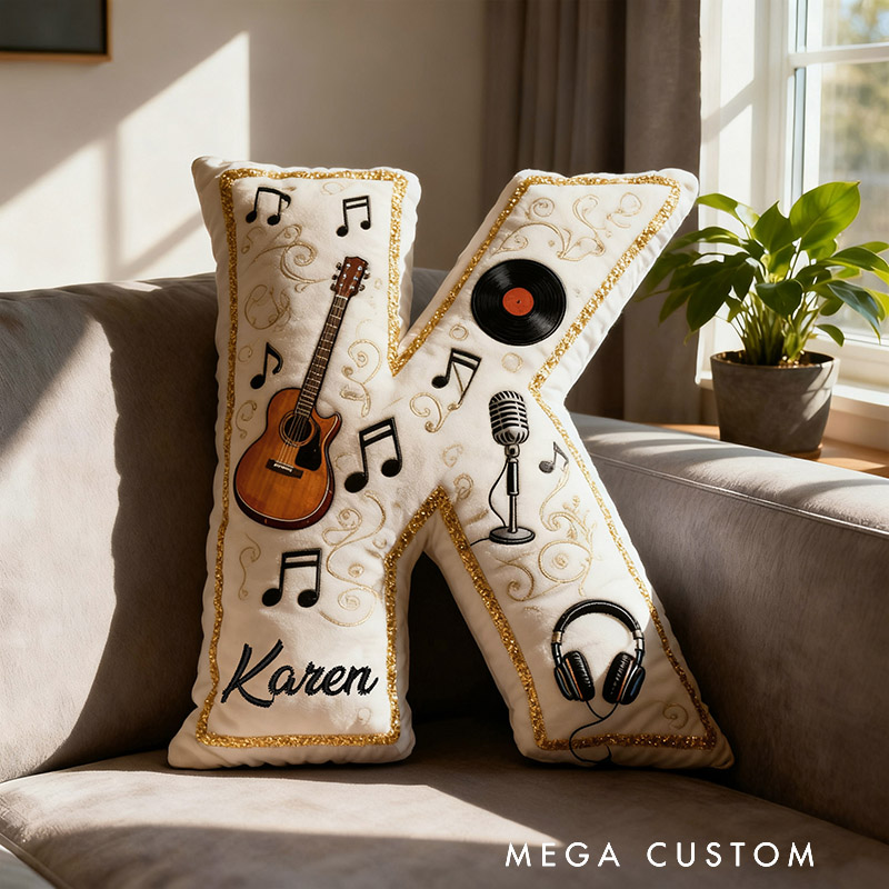 Personalized Graphic 3D Print Vinyl Records and Guitars Pillow With Your Own Name Soft Stuffed Toy for Kids Music Lovers Unique Decorative Cushion for Room