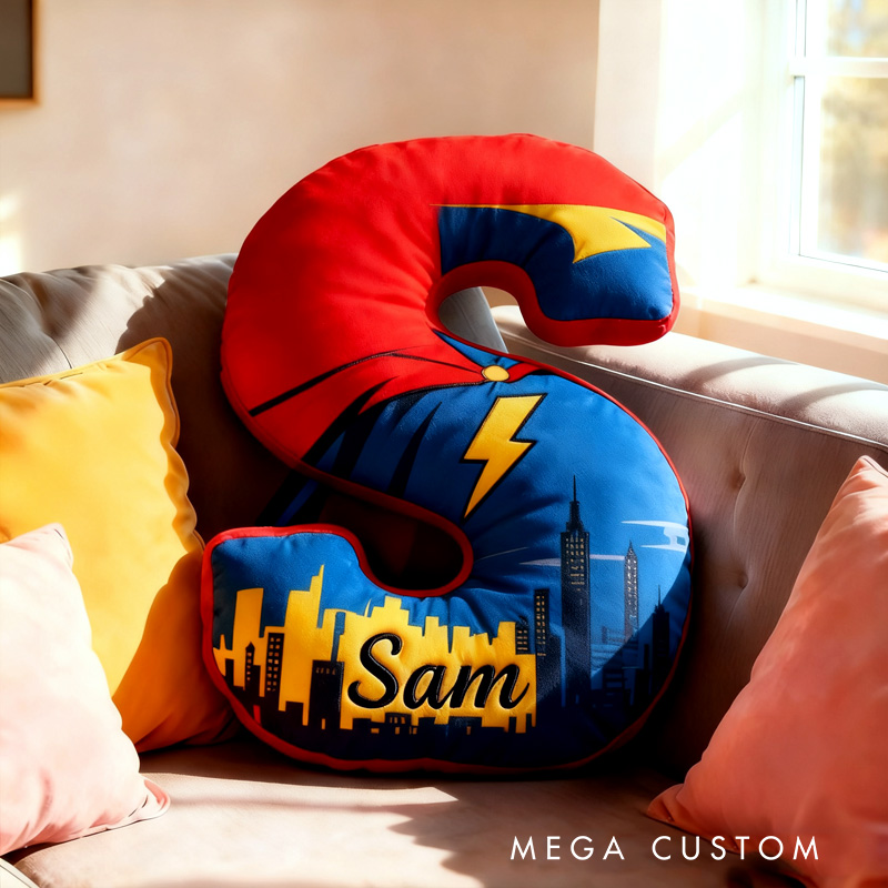 Personalized Letter Name Custom Kids Gift Blue Red Lightning City Skyline Bold Fun Decorative Graphic 3D Print Pillow