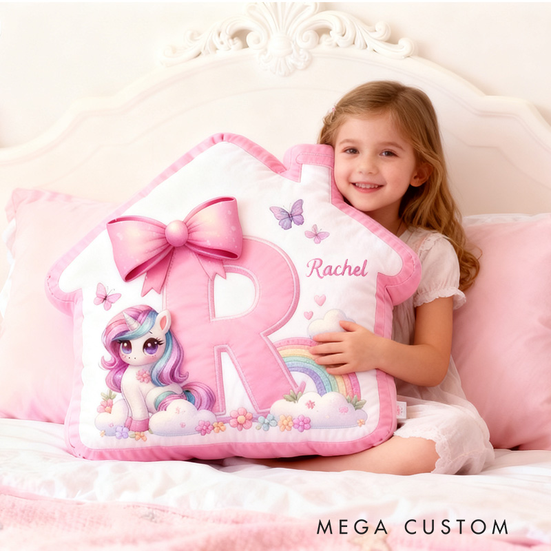 Personalized House Pillow Pink House-Shaped 26 Letters Custom Name Design for Girl's Bedroom Decor and Gift Idea Graphic 3D Print