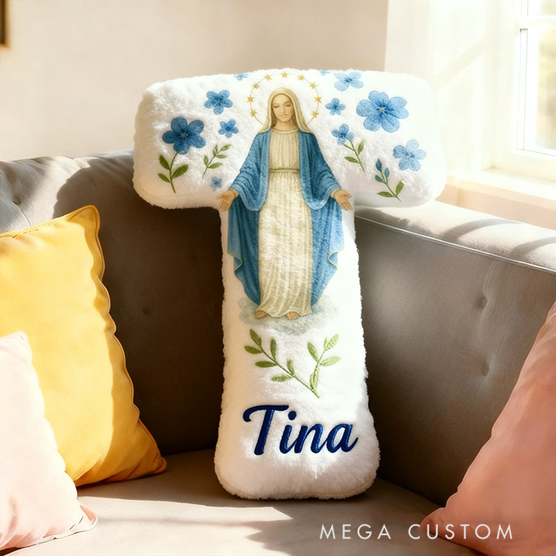 Personalized Catholic Virgin Mary Letter Pillow with Name Home Decor Our Lady Pillow Blue Floral Catholic Marian Pillow Christian Gift for Women