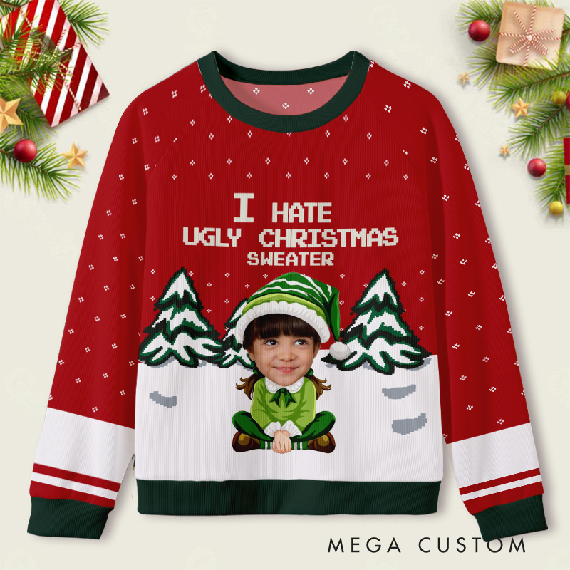 Personalized Funny Elf with Custom Face I Hate Ugly Christmas Humor Ugly Sweater Shirt