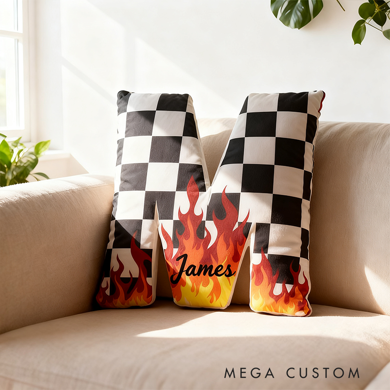 Personalized Racing Letter Throw Pillow Graphic 3D Print Custom Name Checkered and Flame Design Cushion Gift for Racers and Racing Lovers