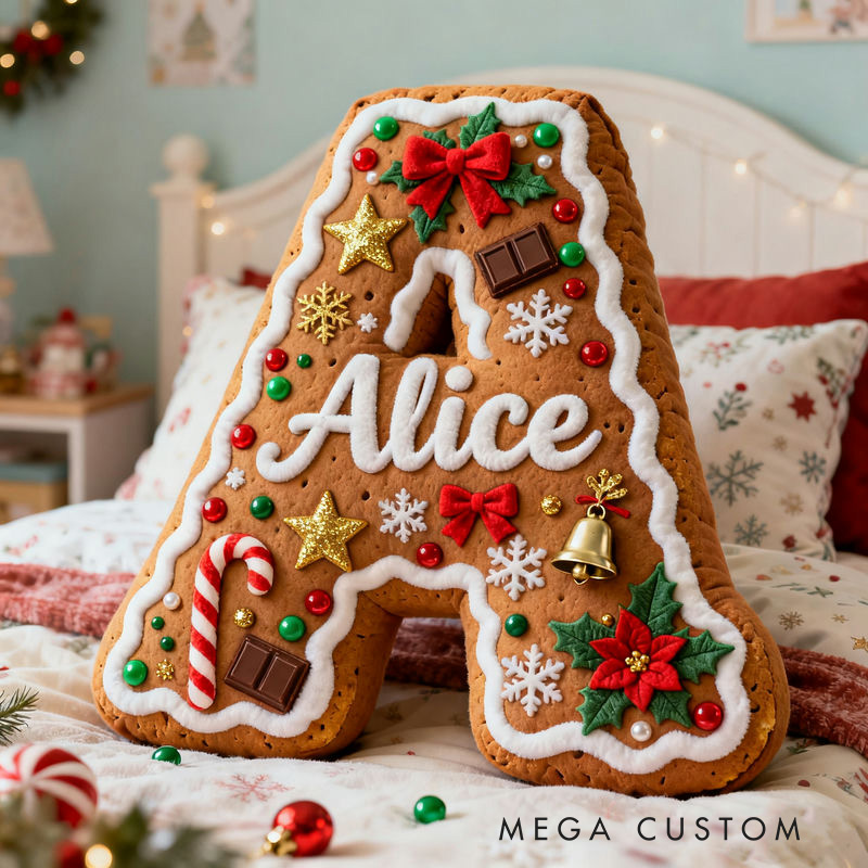 Personalized Gingerbread Letter Christmas Name Custom Kids Gift Festive Cozy Sweet Decorative Graphic 3D Print Pillows