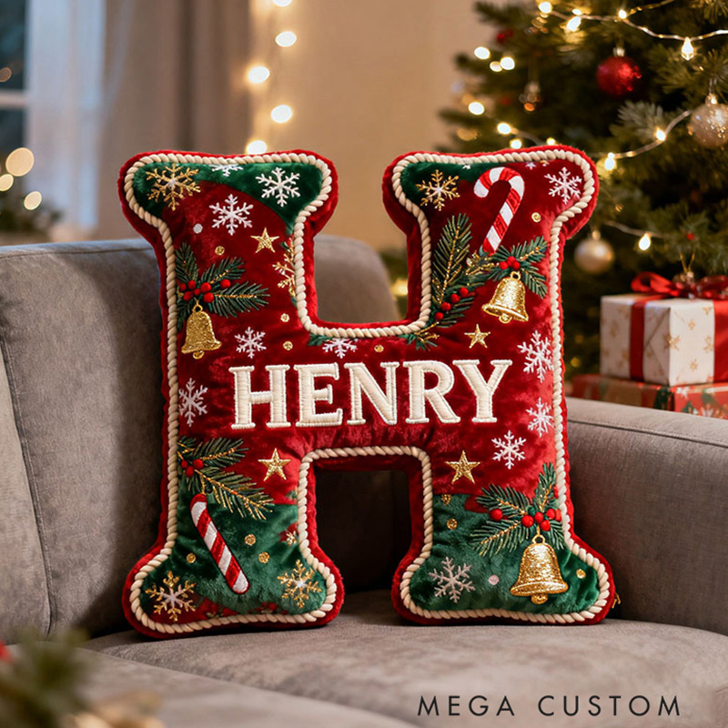 Personalized Christmas Letter Pillow Festive Holiday Decor Candy Cane and Bell Graphic 3D Print Cozy Custom Cushion for Living Room Soft Decorative