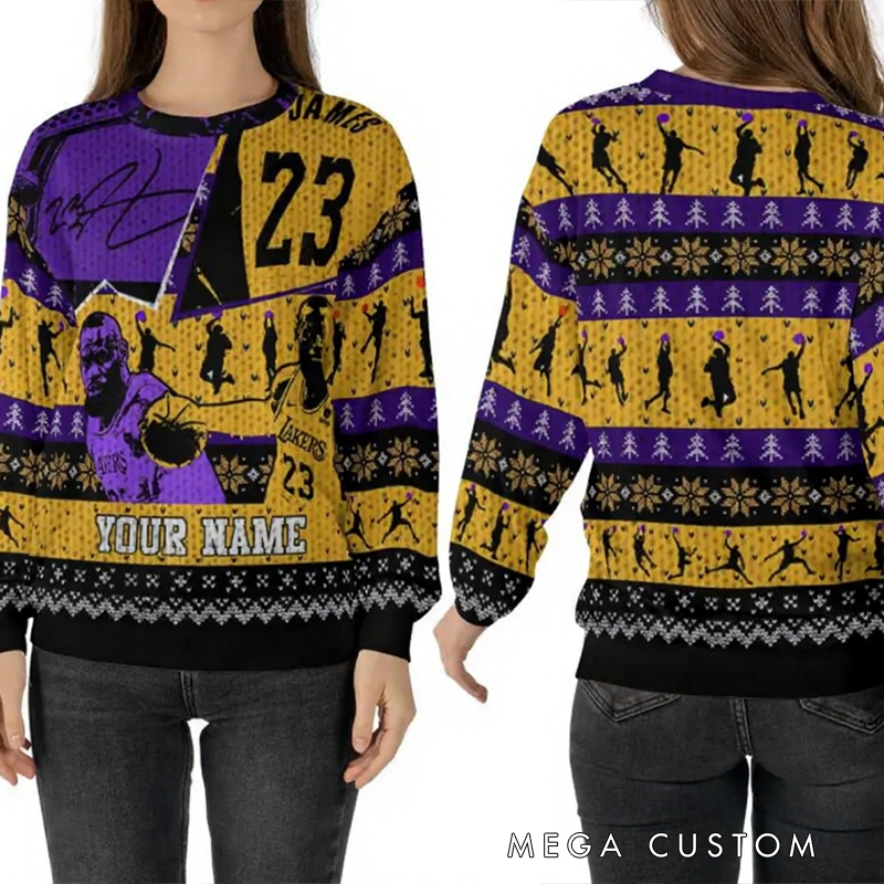 Personalized Basketball Christmas Sweater with Custom Name and Iconic Player Design