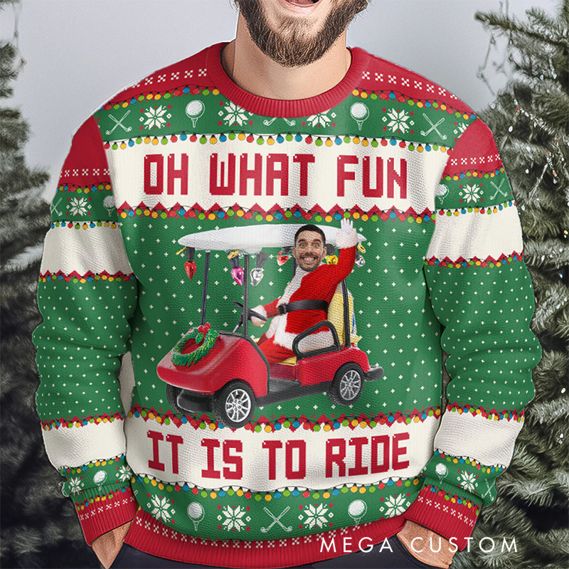 Personalized Christmas Ugly Sweatshirt with Custom Face and Golf Cart Design
