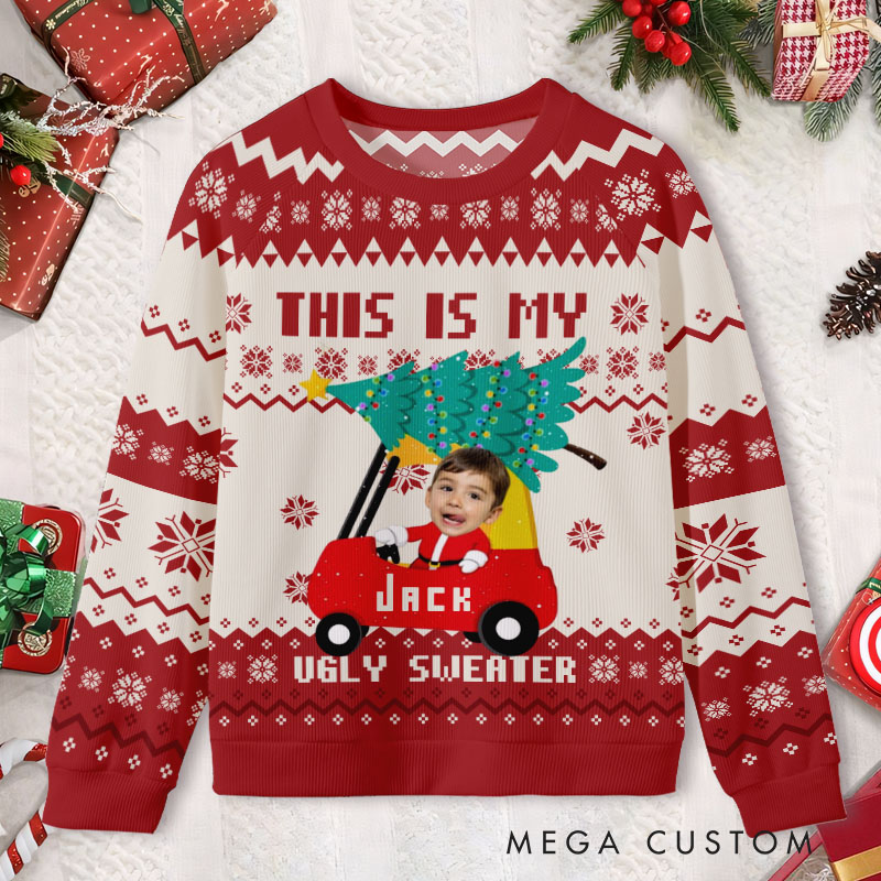 Personalized Festive Holiday Car with Christmas Tree Custom Name and Photo Cozy Ugly Sweater Shirt