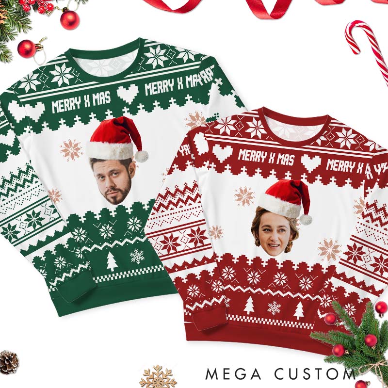 Personalized Merry X-Mas Couple Ugly Sweater with Santa Hat Husband Wife Christmas Sweater Couple Christmas Ugly Sweater for Boyfriend Girlfriend
