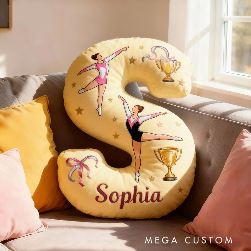 Personalized Graphic 3D Print Yellow Gymnastic Alphabet Shaped Pillow for Gymnastic Lovers Initial Pillow Christmas Gift for Kids