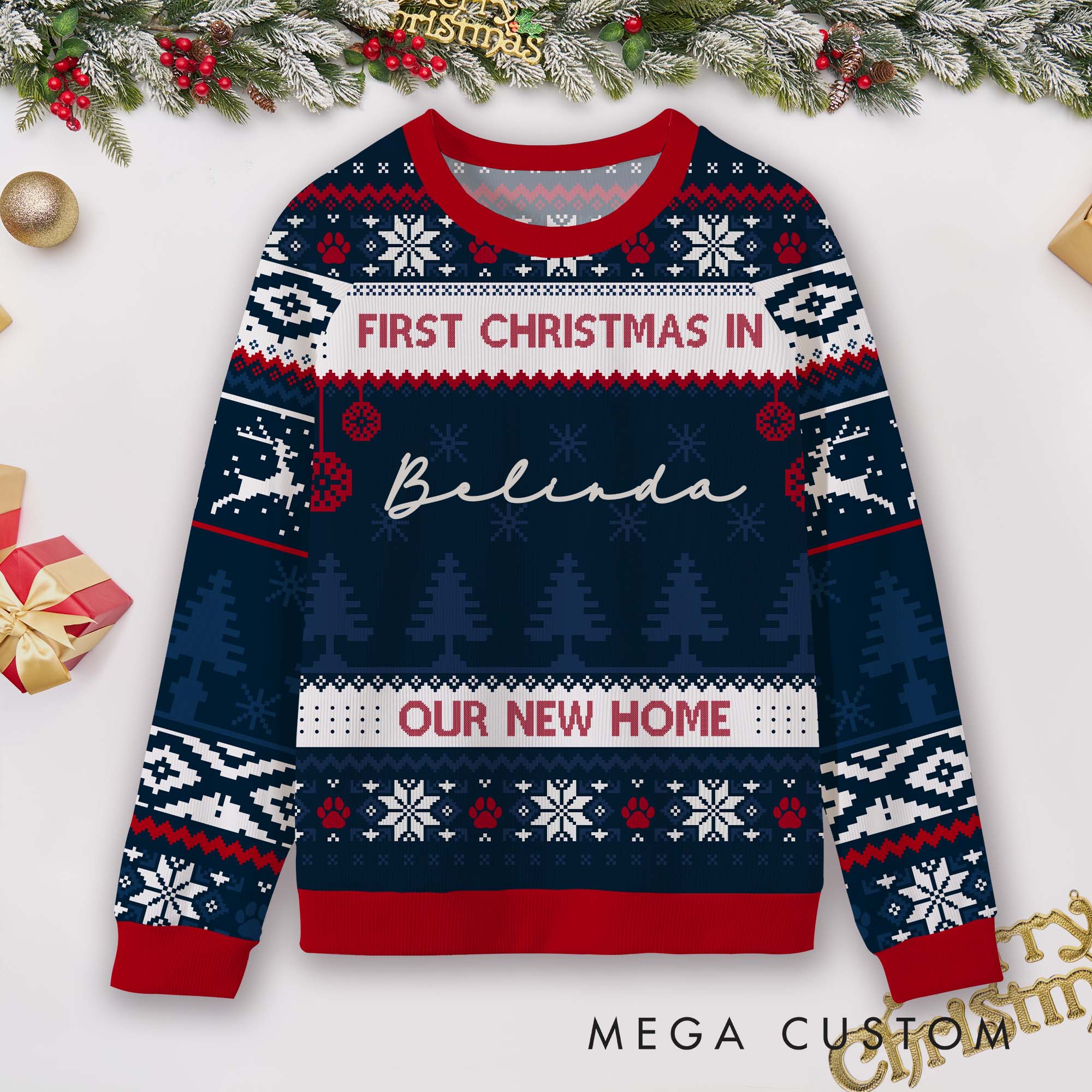 Personalized First Christmas in Our New Home Ugly Sweater Custom Housewarming Gift Festive Holiday Sweatshirt for Family Christmas Party Decorations