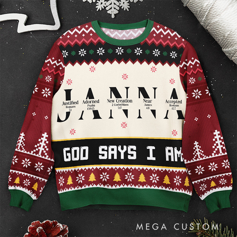 Personalized Christmas God Says I am Name Letter in Bible Ugly Sweater Religious Gift Christians Gift for Christmas Merry Christmas Gift