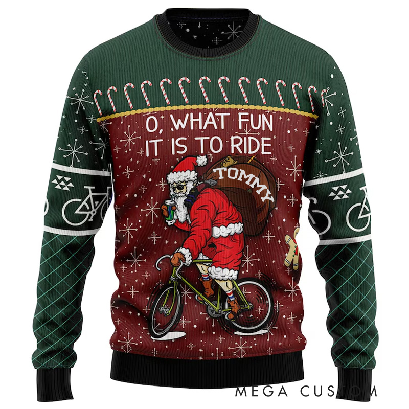Personalized Ugly Christmas Sweater Cycling Santa Christmas Sweater Holiday Gift for Cyclists Unise