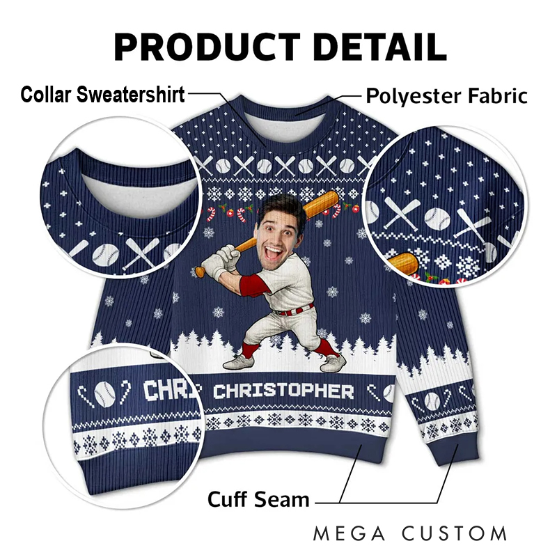 Personalized Baseball Christmas Ugly Sweatshirt with Custom Face and Name