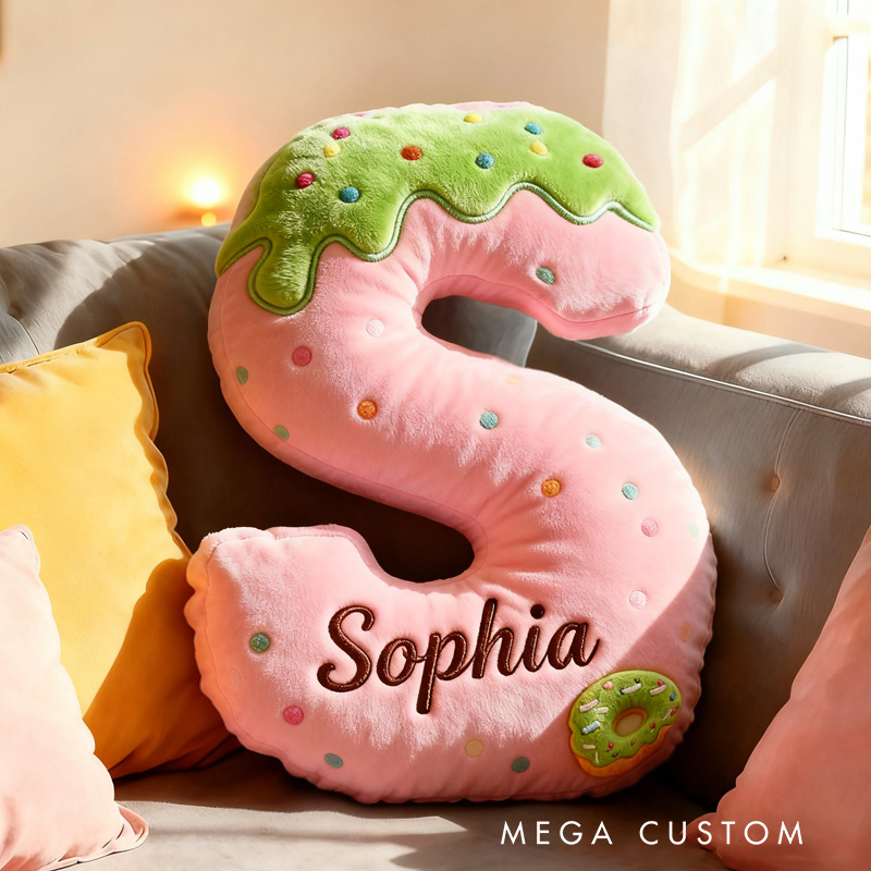 Personalized Pink Donut Alphabet Throw Pillow Graphic 3D Print Donut Letter with Name for Kids Boys Girls Family Baker Christmas Gift