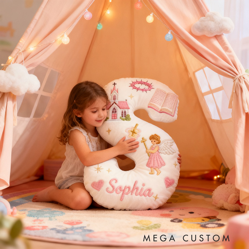 Personalized Little Angel Letter Pillow with Custom Name Kid Room Decor Church Cross Angel Bible Religious Faith Gift for Her Graphic 3D Print Pillow