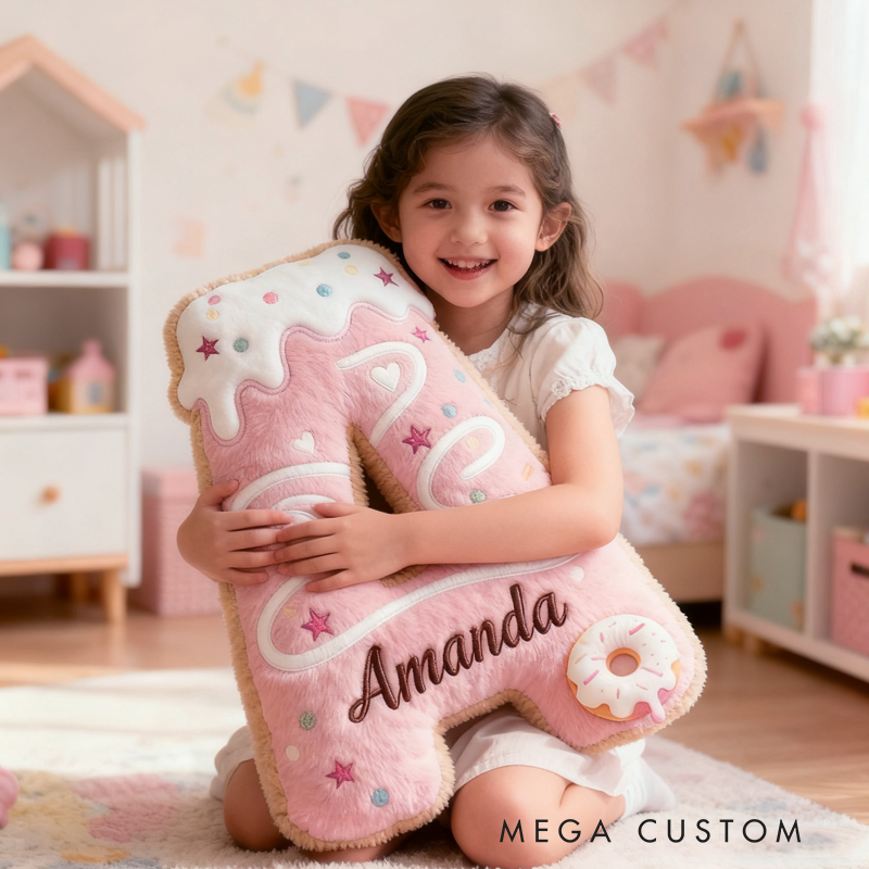 Personalized Cute Pink Donuts Initial Name Pillow Christmas Gift for Kids