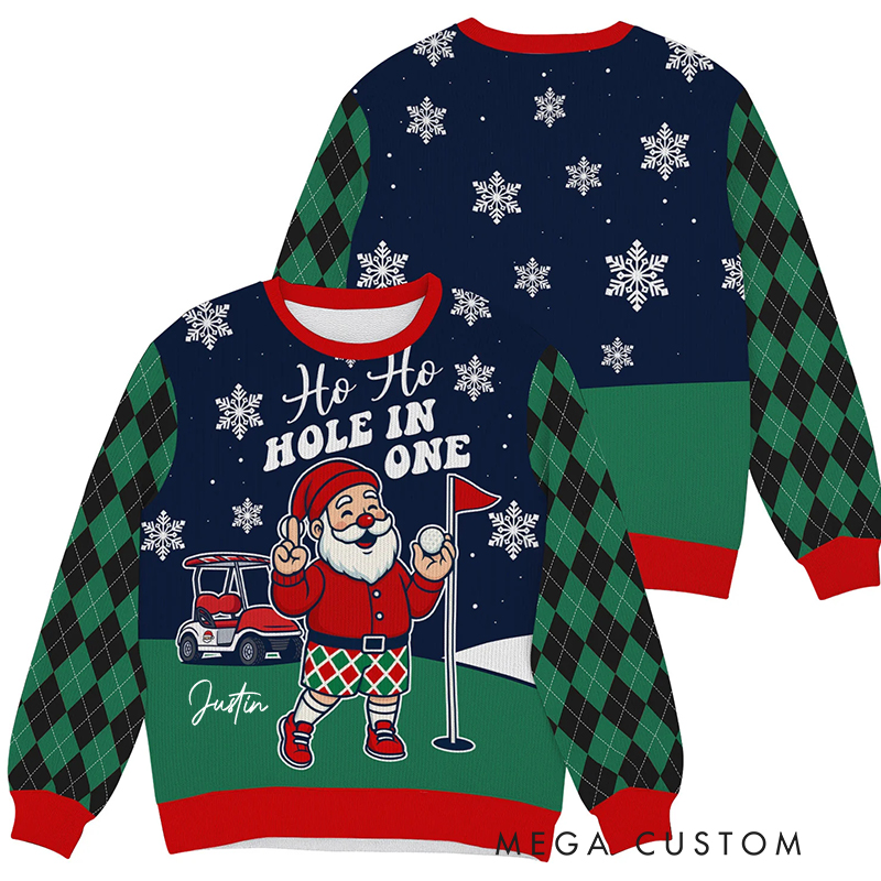 Personalized “Ho Ho Hole In One” Funny Santa Christmas Ugly Sweatshirt for Golf Enthusiasts