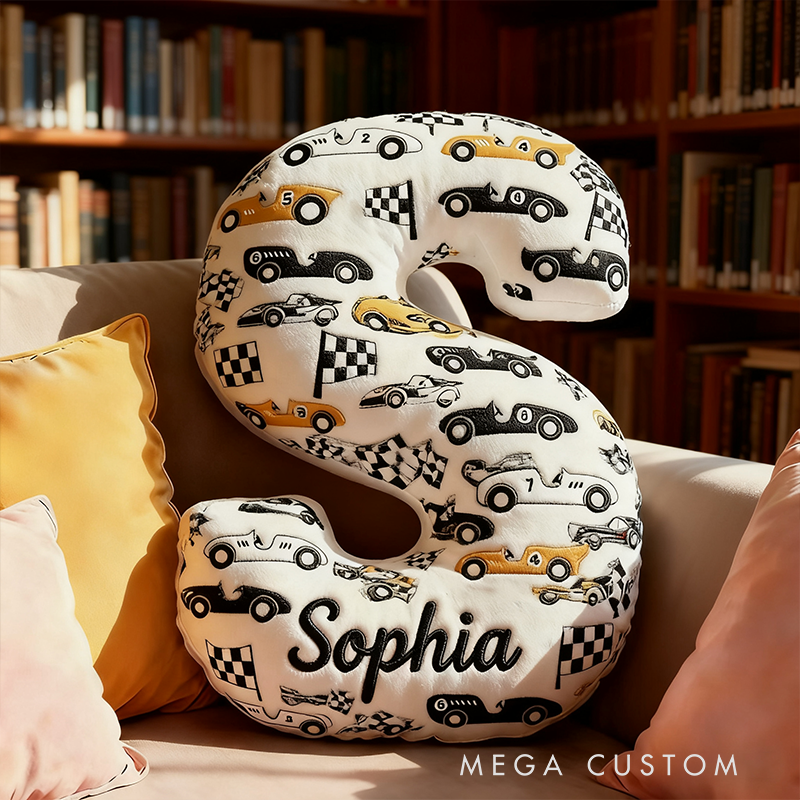 Personalized Racing Letter Pillow Custom Name and Initial Graphic Print Alphabet Cushion Graphic 3D Print Gift for Car Lovers