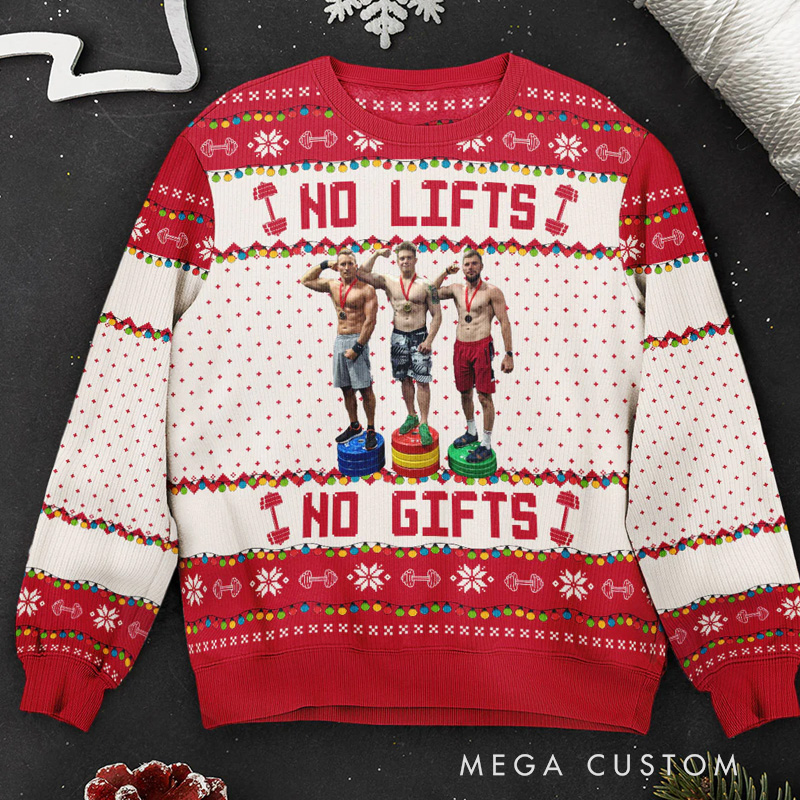 Personalized Photo Custom Merry Fitmas Ugly Christmas Sweater Funny No Lifts No Gifts Fitness Ugly Christmas Sweater Holiday Pullover for Fitness Gym Lovers Fitness Team
