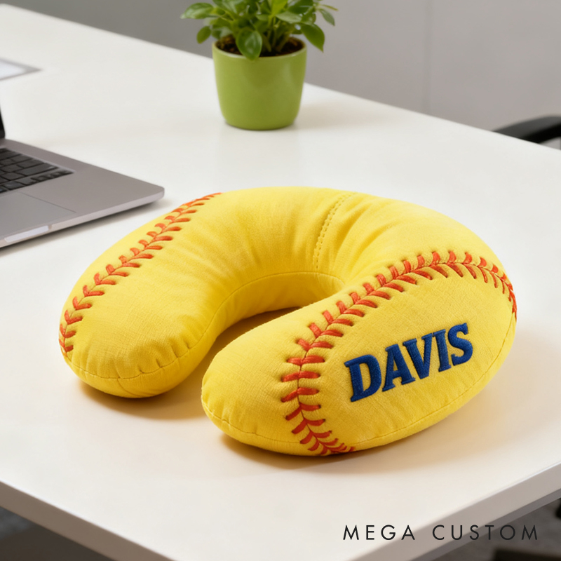Personalized Softball U-Shaped Pillow with Custom Name for Sports Fans and Travelers