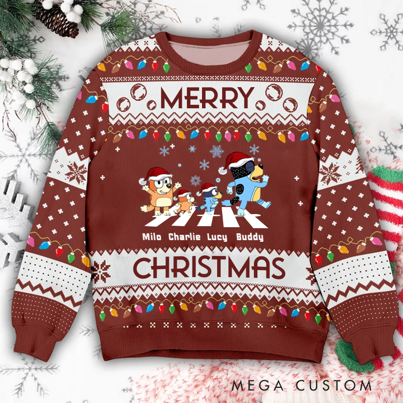 Personalized Name Ugly Sweater Cartoon Dog Family With Santa Hats Merry Christmas Holiday Sign