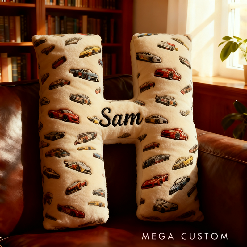 Personalized Racing Letter Pillow Custom Name and Alphabet Initial Shaped Cushion Graphic 3D Print Gift for Car Enthusiasts and Racing Lovers