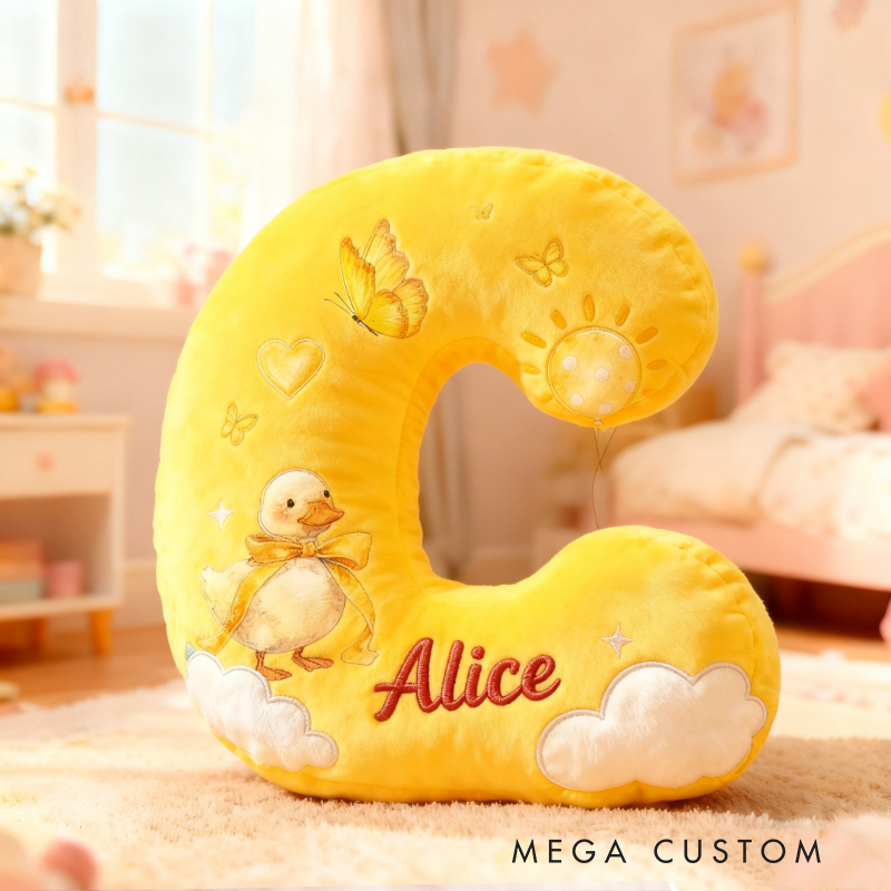 Personalized Yellow Duck Sun Cloud Letter Initial Custom Name Soft Decorative Gift Cheerful Kids Room Bright Alphabet Graphic 3D Print Pillow