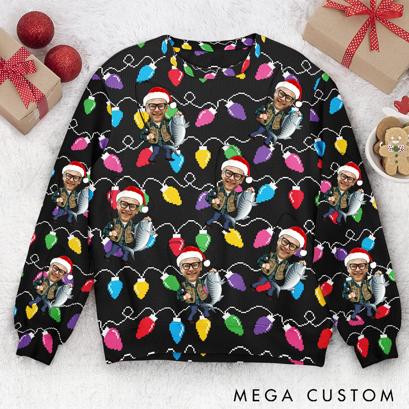 Personalized Fishing Ugly Sweater Custom Face Sweater with Festive Design Ideal Gift for Fishing Enthusiasts