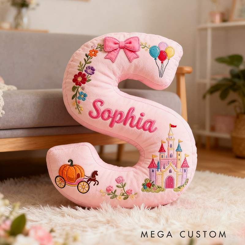 Personalized Pink Letter Christmas Gift Pillow with Castle Pumpkin Carriage Rainbow for a Fairytale Inspired Design Graphic 3D Print Pillow